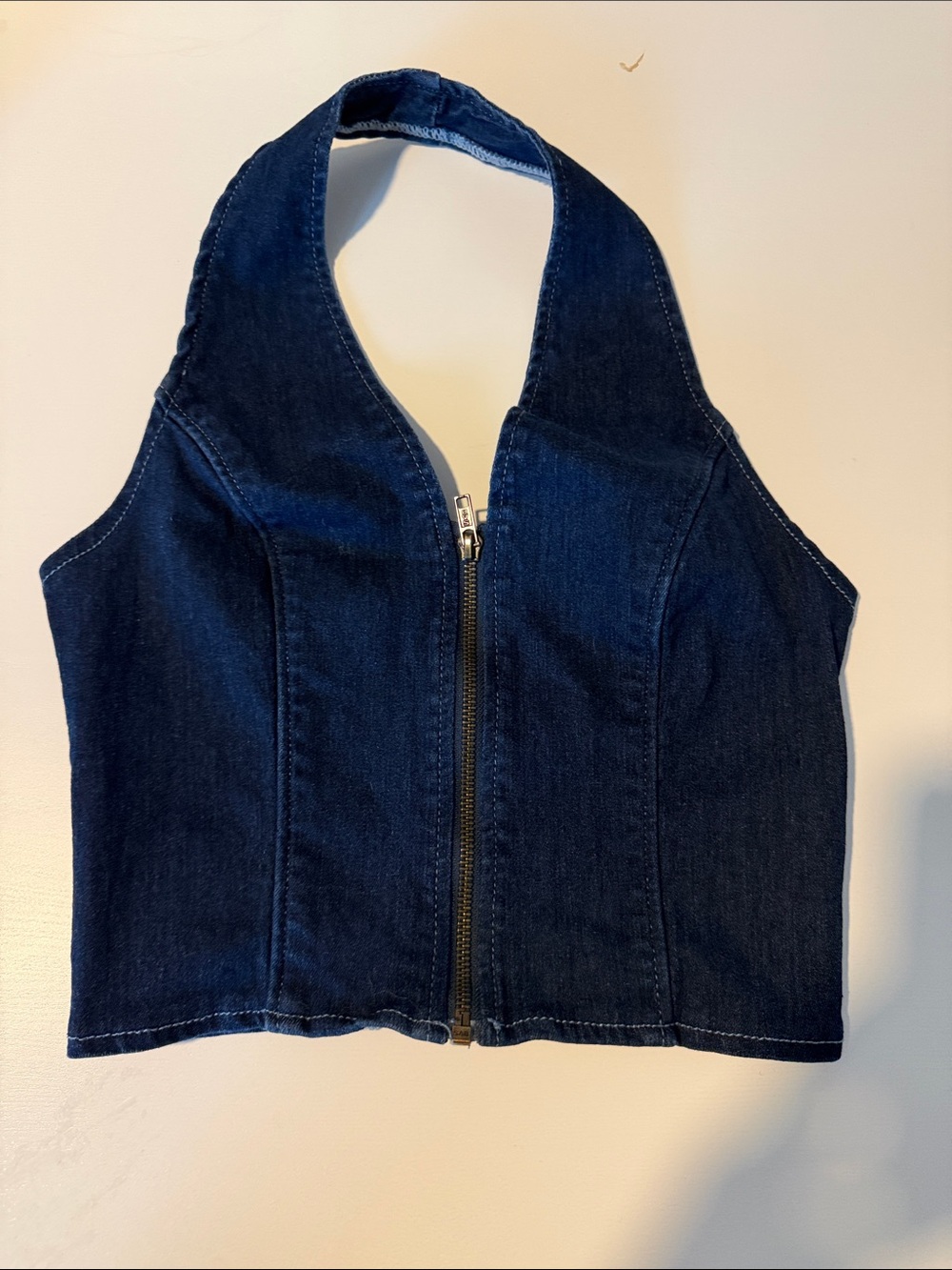 SHEIN Blue Denim Crop Top with Halter Zip